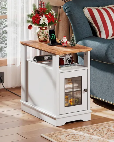 Miniatura 9 de WLIVE Mesa auxiliar de estilo granja con estación de carga, mesa lateral estrecha con almacenamiento, mesita de noche pequeña con puertos USB