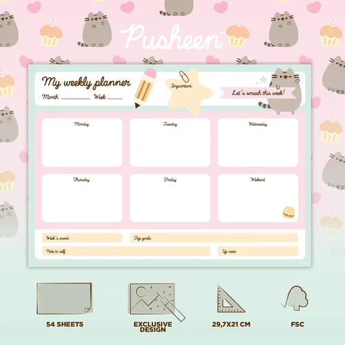Miniatura 2 de Bloc de notas de lista de tareas pendientes Pusheen Calendario A3 Agenda diaria, semanal Bloc de agenda para TDAH 54 hojas arrancables de 3.17