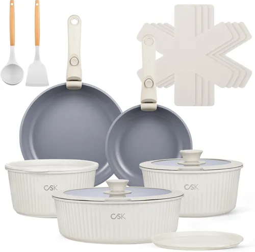 KOCH SYSTEME CS Juego de ollas y sartenes antiadherentes, juego de utensilios de cocina de cerámica antiadherentes, mango desmontable, juego de