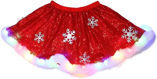 REETAN Falda de lentejuelas de Navidad iluminada con copo de nieve, falda de vientre de Navidad brillante para mujeres y niñas, color rojo, Rojo -