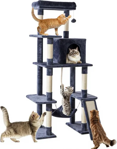 Miniatura 29 de DUMOS Torre grande de árbol para gatos de 66 pulgadas, torre alta de escalada para gatos de varios niveles con postes rascadores de sisal natural