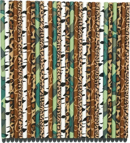 Miniatura 7 de 125 pajitas de papel para fiesta de safari en la selva, marrón, negro, blanco, verde, camuflaje, cebra, leopardo, guepardo, árbol, zoológico