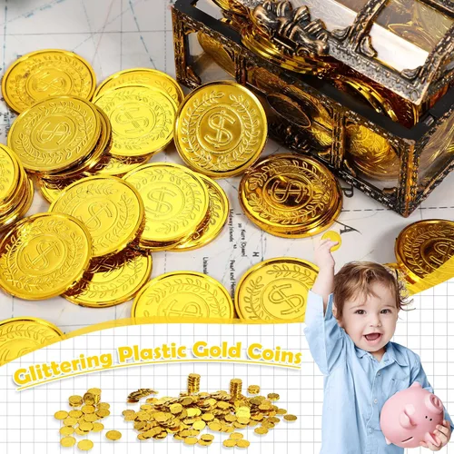 Miniatura 4 de Hanaive 600 monedas de oro pirata, monedas de juguete de tesoro de plástico, monedas falsas de San Patricio, doblón para regalos de fiesta pirata
