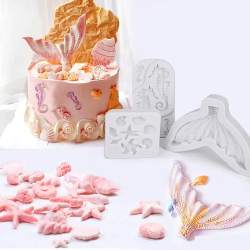 Miniatura 6 de Beasea Molde de fondant para pastel de sirena, 3 piezas de caballito de mar, estrella de mar, cola de sirena, molde de silicona para conchas