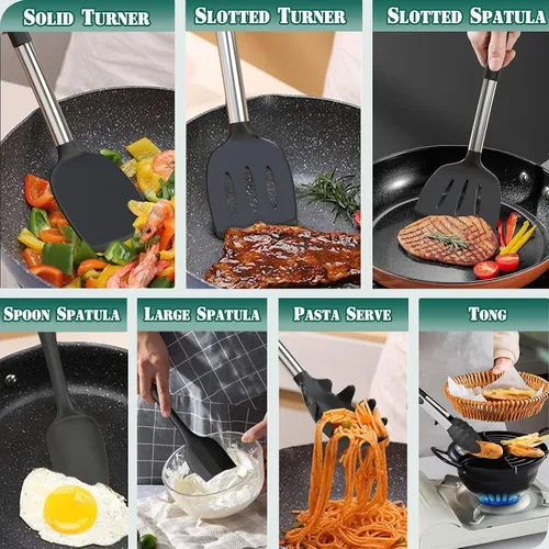 Miniatura 5 de Umite Chef - Juego de utensilios de cocina de silicona, 43 piezas, resistentes al calor, juego de herramientas de cocina negras con asas de acero