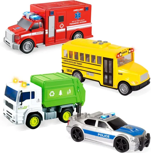 JOYIN Juego de 4 piezas de vehículos de 7 pulgadas de largo, autos para niños pequeños con luces y sonido de sirena, incluyendo coche de policía,