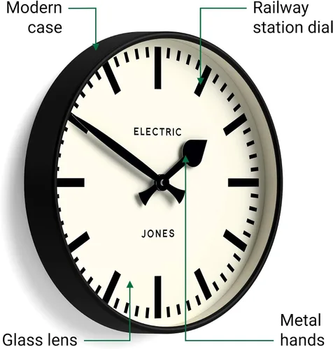 Miniatura 5 de JONES CLOCKS® Reloj de pared Tiger Reloj moderno de estación redonda 12 pulgadas Negro Aspecto de diseñador genial para cocina, sala