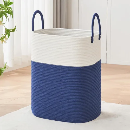 Miniatura 14 de AINUOQI Cesta de Ropa Sucia Grande Cesta de Lavandería con Asas de Cuero, Cesta de Almacenamiento Decorativa de Cuerda de Algodón Tejida para Yute