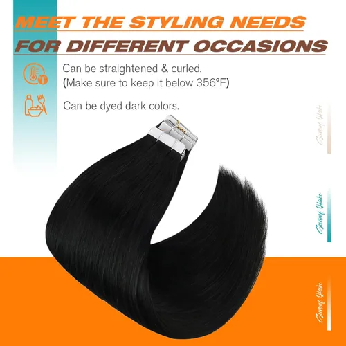 Miniatura 4 de Sunny Hair - Extensiones adhesivas de cabello humano, 24 pulgadas, cinta invisible, color negro azabache, para mujeres, 1.76 onzas, 20