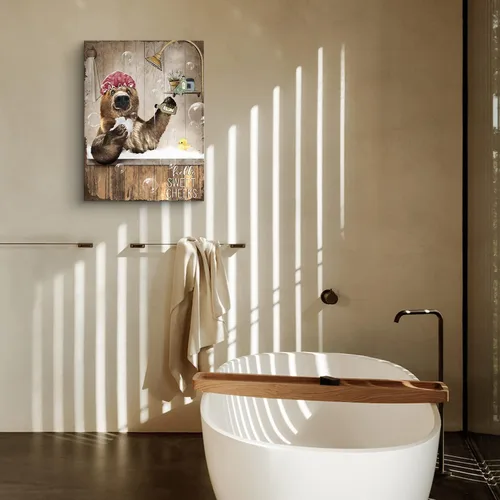 Miniatura 7 de Bonito oso para decoración de baño, arte de pared divertido con estampado de oso de casa de campo, pintura decorativa de pared enmarcada moderna