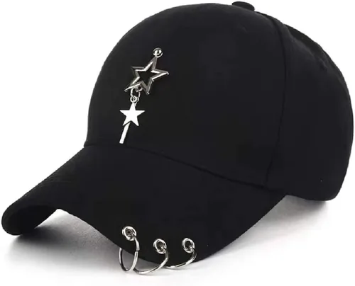 Gorra ajustable unisex, color negro, gorra K-Pop, gorra de béisbol con cadena de anillo, gorra metálica, gorra única, gorra con estrella