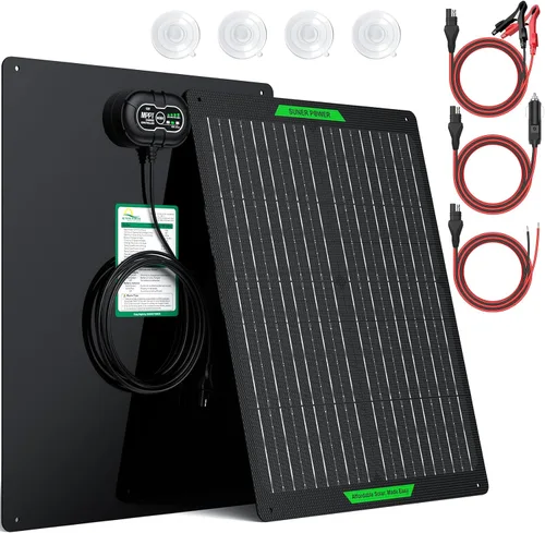 SUNER POWER Impermeable 50W 12V Cargador y Mantenedor de Batería Solar PRO, Controlador de Carga UltraSmart MPPT Integrado, Kits de Carga por Goteo