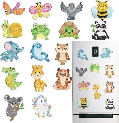 16 imanes de arte de diamantes para adultos, animales, pintura de diamantes, imanes para refrigerador, diamantes de imitación, kits de calcomanías