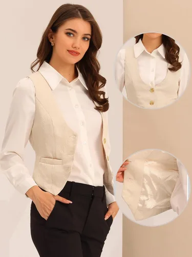 Miniatura 2 de Allegra K Chaleco vintage para mujer con botones y bolsillos