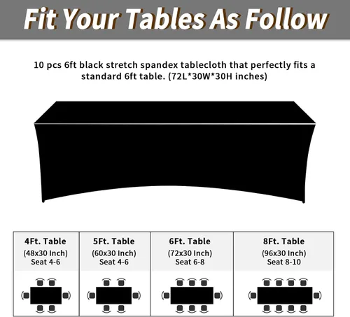 Miniatura 3 de Fixwal Mantel Negro de 6 Pies para Mesas Rectangulares, Paquete de 10 Manteles de Spandex para Mesas Rectangulares de 6 Pies, Ajustado Rectangular