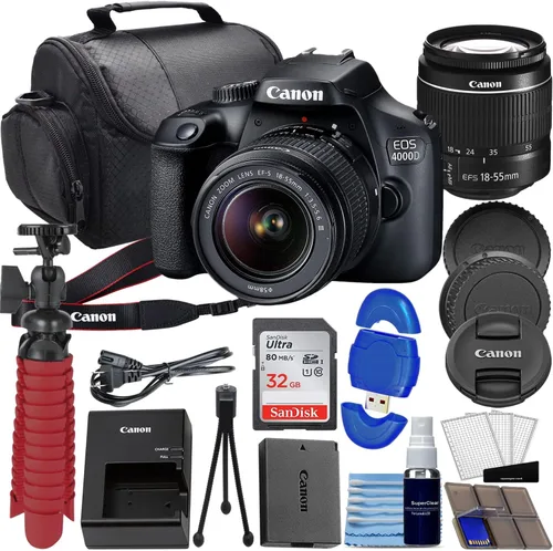 Canon EOS 4000D / Rebel T100 Cámara DSLR con EF-S 0.709-2.165 in f/3.5-5.6 Kit de lente incluido con memoria de 32 GB, funda de transporte, trípode