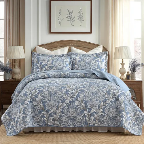 Miniatura 17 de Juego de edredón 100% algodón tamaño Queen de 3 piezas, edredón floral de damasco con 2 fundas, colcha acolchada floral vintage, ropa de cama ligera