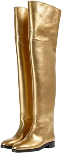 Miniatura 12 de YDN Botas planas de pantorrilla ancha para mujer, con puntera redonda, por encima de la rodilla, con tacón bajo, botas altas hasta el muslo, zapatos