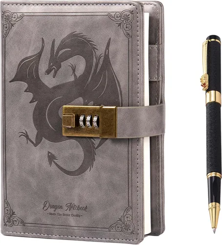 Miniatura 12 de TIEFOSSI Diario de Cuero Dragón, Cuaderno de Tapa Dura, Diario Recargable con Cerradura, Cuadernos de Escritura con Papel Rayado/En Blanco