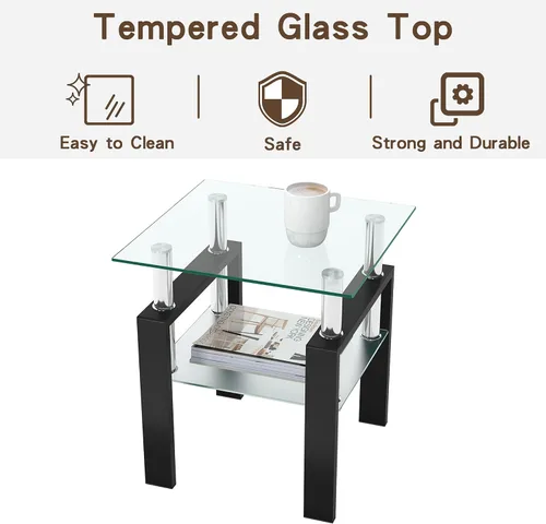Miniatura 6 de Juego de 3 mesas auxiliares y mesa auxiliar de cristal, diseño clásico de 2 niveles, parte superior de vidrio templado y patas de metal sólido, uso