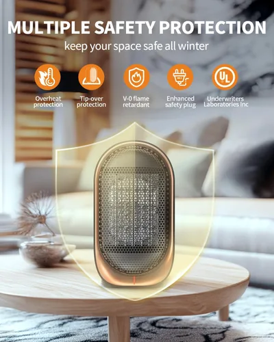 Miniatura 2 de Calentador de espacio, calentadores pequeños portátiles para uso en interiores, calentador eléctrico de escritorio con protección contra Negro