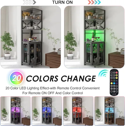 Miniatura 5 de Gabinete de bar de vino con toma de corriente, gabinete de vino industrial de 6 niveles con luz LED y soporte para vidrio, gabinete de barra de Gris