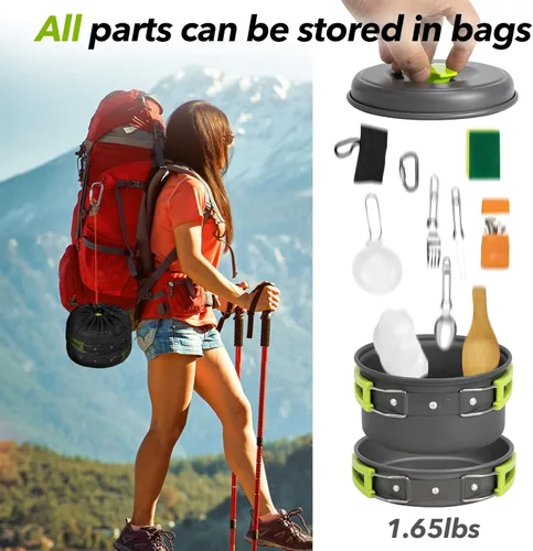 Miniatura 5 de Juego de 15 utensilios de cocina para acampar, juego de ollas ligeras antiadherentes, utensilios de cocina portátiles al aire libre para camping