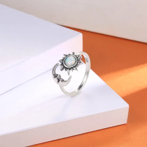 Miniatura 3 de Anillo de ópalo con sol y luna ajustable, plata de ley 925, con cara de luna creciente, regalo de joyería vintage para mujer
