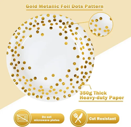 Miniatura 4 de Platos y Servilletas de Papel Blanco y Dorado - Paquete de 50 - 25 Platos de Papel de 7 pulgadas y 25 Servilletas de 6.5 pulgadas, Suministros