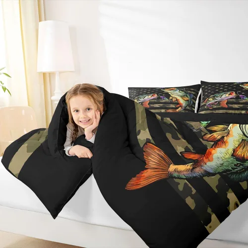 Miniatura 4 de Erosebridal Ropa de cama individual de pesca con bandera estadounidense, edredón de camuflaje para niños y niñas, decoración de caza, relleno