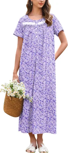 Miniatura 8 de Ekouaer Camisón para Mujeres de Algodón Camisón Largo de Noche Camisón de Manga Corta con Bolsillos Camisón con Botones Ropa de Dormir Suave