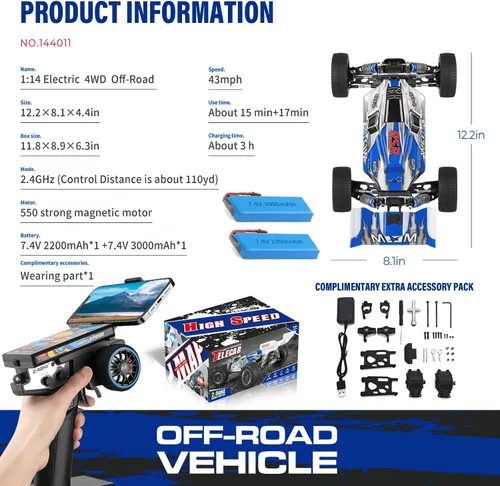 Miniatura 6 de WLtoys 144011 1/14 4WD RC Cars para adultos, Max 43 MPH Off-Road Fast RC Cars, hardware mejorado (144001V2), diseño de iluminación multifuncional