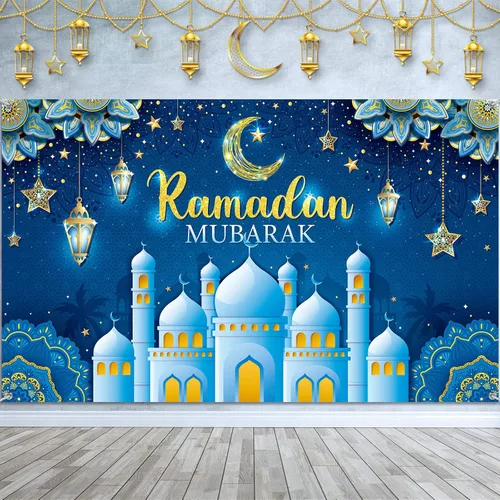 Boyiee Decoración de Ramadán Mubarak, pancarta musulmana de Ramadán Kareem, letrero de Eid Mubarak, fondo de cabina de fotos para el hogar, Azul