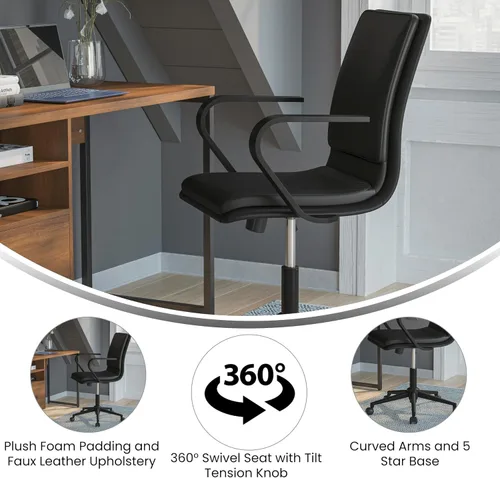 Miniatura 4 de Flash Furniture James Silla de oficina ejecutiva de diseño con respaldo medio, tapicería LeatherSoft negra, base y brazos negros, asiento giratorio