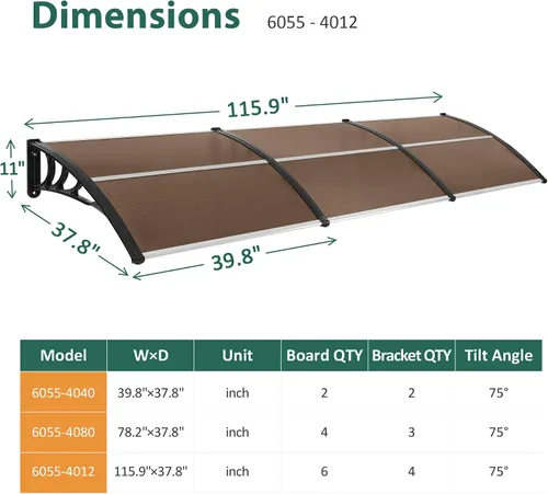 Miniatura 4 de MCombo Toldo para ventana de 115.9 pulgadas para exteriores, lámina hueca de policarbonato, toldo para puerta y patio
