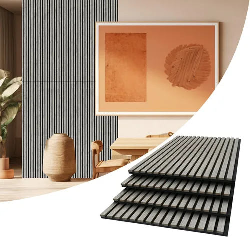 Miniatura 13 de AKUMAX Paquete de 2 paneles acústicos, listones de madera para pared y techo, paneles de espuma acústica de 96 x 24 pulgadas, paneles de pared 3D