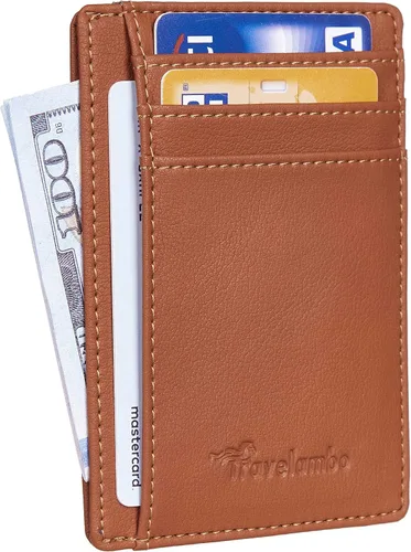 Miniatura 111 de Travelambo billetera mediana y minimalista de cuero para bolsillo frontal, con bloqueo de interferencia de radiofrecuencia