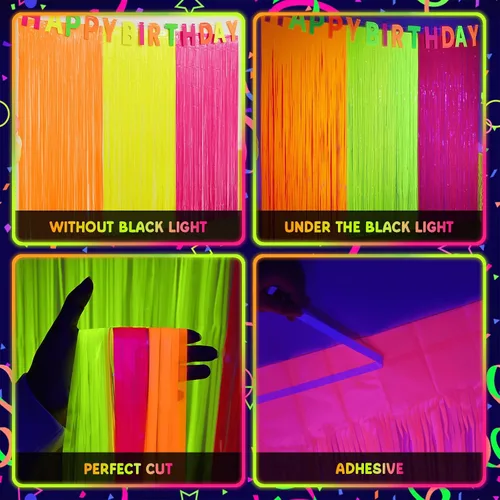 Miniatura 10 de Mega-L - Suministros de fiesta que brillan en la oscuridad, paquete de 3 decoraciones de fiesta de neón de 9.9 x 6.6 pies, cortinas de flecos