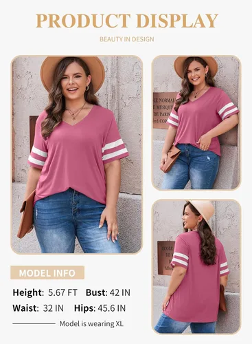 Miniatura 76 de Eytino Blusas de talla grande para mujer, cuello en V, manga corta, a rayas, casual, holgada, con bolsillo (1X-5X)