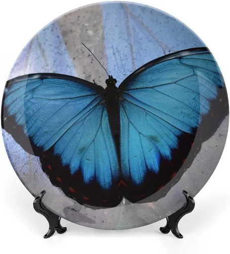 Placa decorativa de mariposa, placa decorativa de cerámica para pared, plato decorativo con soporte, placa redonda de exhibición para decoración del