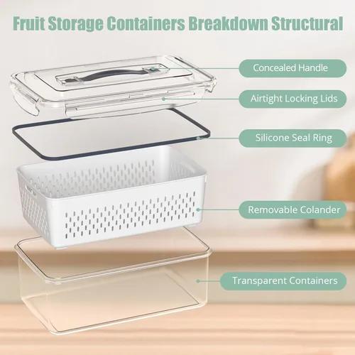Miniatura 10 de 5 recipientes de almacenamiento de frutas para refrigerador con colador extraíble y tapa con asa, organizadores y almacenamiento de refrigerador