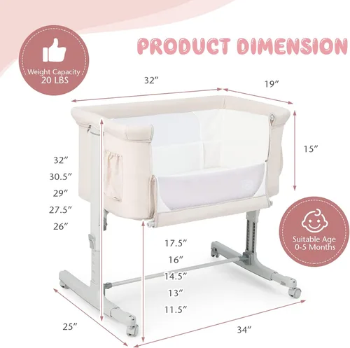 Miniatura 6 de BABY JOY Cuna plegable 3 en 1 con altura ajustable, colchón, ruedas bloqueables, bolsillo de almacenamiento y bolsa de transporte para recién Beige