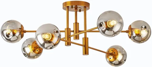 Miniatura 9 de DDLLDESHI Lámpara de araña de 6 luces dorada con cubierta esférica de vidrio Sputnik, lámpara de techo de 34" de gran tamaño para comedor, lámparas