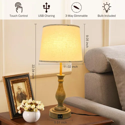 Miniatura 7 de LALISU Lámpara de mesa de granja con control táctil, lámpara de mesa regulable de 3 vías, lámpara moderna de mesita de noche con 2 puertos USB