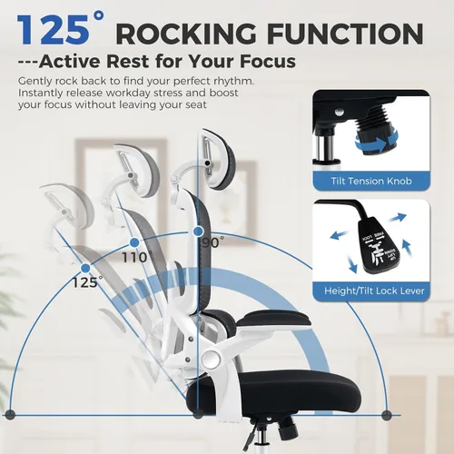 Miniatura 6 de Silla de oficina ergonómica, silla de escritorio de malla con soporte lumbar ajustable 2D, alivia el dolor de espalda durante largos días de trabajo