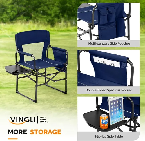 Miniatura 4 de VINGLI Sillas de campamento, silla de directores, silla de camping con mesa auxiliar y bolsa de transporte, sillas de campamento resistentes