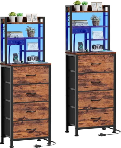 Miniatura 17 de Furnulem - Mesita alta con 3 cajones de tela y luces LED, mesita de noche con estantería, mesas de noche de 45.3 pulgadas de altura con puertos USB