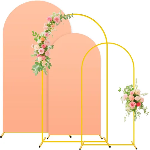 Soporte de arco de boda y juego de cubierta de arco color melocotón de 2 piezas (7.2 pies, 6 pies) Soporte de telón de fondo de metal para fiestas