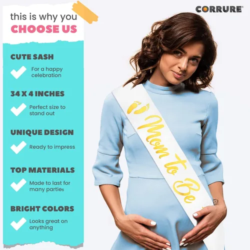 Miniatura 3 de CORRURE Banda para baby shower para niño o niña, banda con la frase "Mom to Be" con hermosa cinta blanca y texto dorado - Ideal para revelación