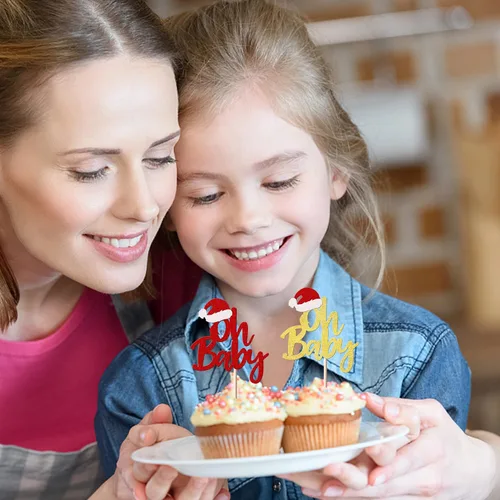 Miniatura 5 de Rsstarxi Paquete de 24 Adornos para Cupcakes Oh Baby de Navidad con Purpurina, Sombreros de Navidad, Palillos para Cupcakes de Baby Shower para Baby